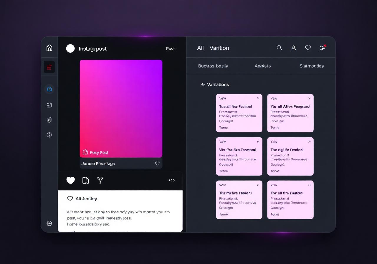 Mockup de editor de posts com prévia do Instagram e variações de copy