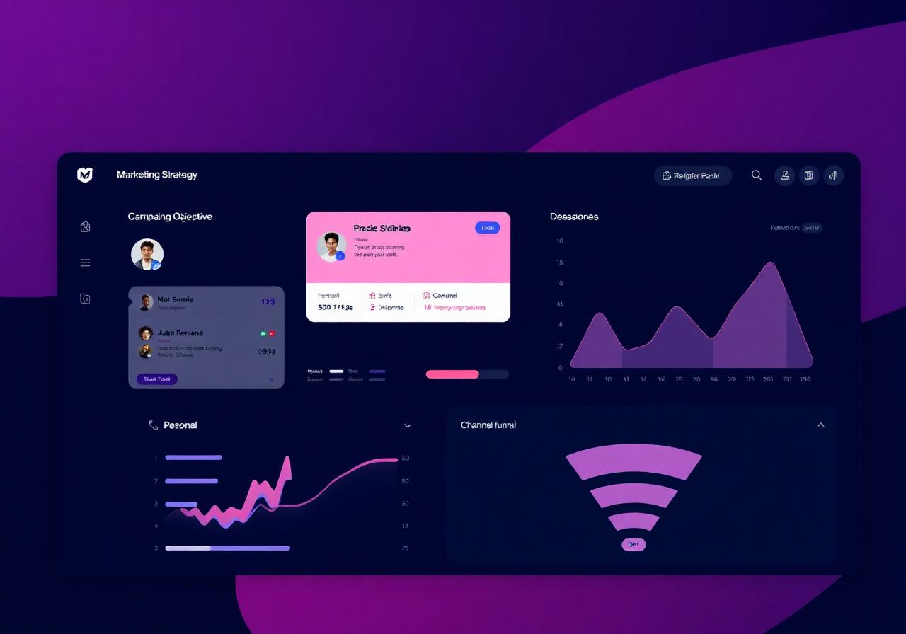 Mockup do painel de estratégia com objetivos, persona e KPIs